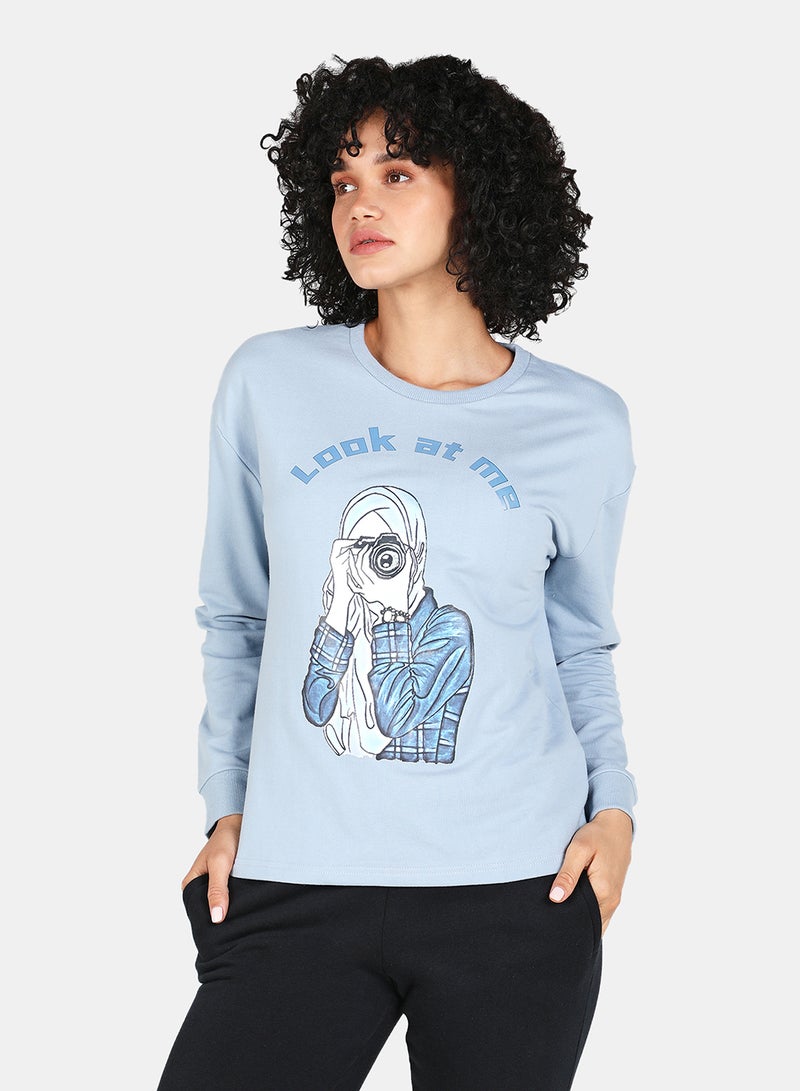 DRIP - Crew Neck Graphic Printed Sweatshirt Blue Fog - Image 1