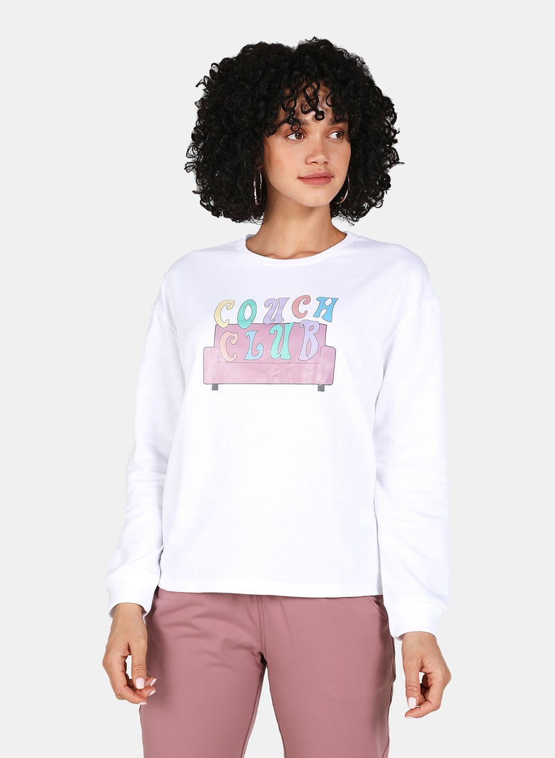 Couch Club Printed Casual Crew Neck Sweatshirt White - v1629300798/N49187621V_1