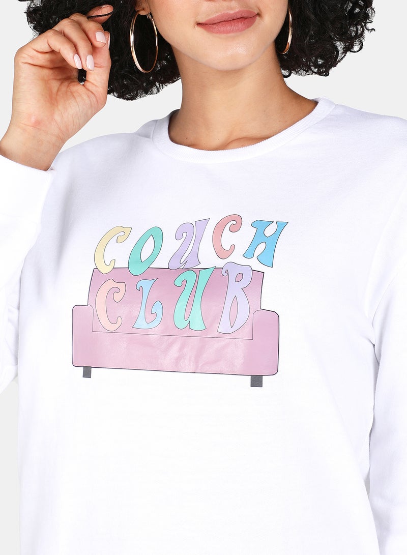 Couch Club Printed Casual Crew Neck Sweatshirt White - v1629300799/N49187621V_4