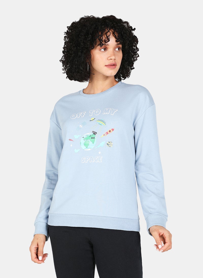 DRIP - Off To My Earth Printed Casual Crew Neck Sweatshirt Blue Fog - Image 1