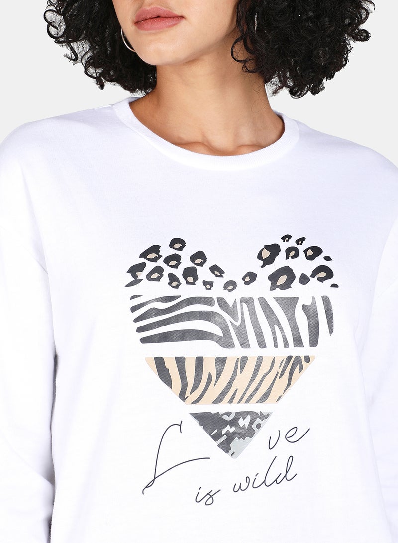 Love Is Wild Printed Casual Crew Neck Sweatshirt White - v1629300800/N49187650V_4