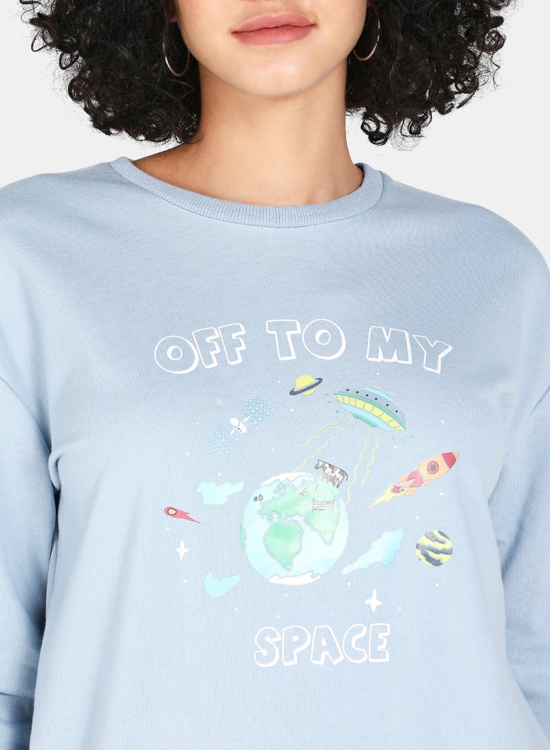 DRIP - Off To My Earth Printed Casual Crew Neck Sweatshirt Blue Fog - Image 1