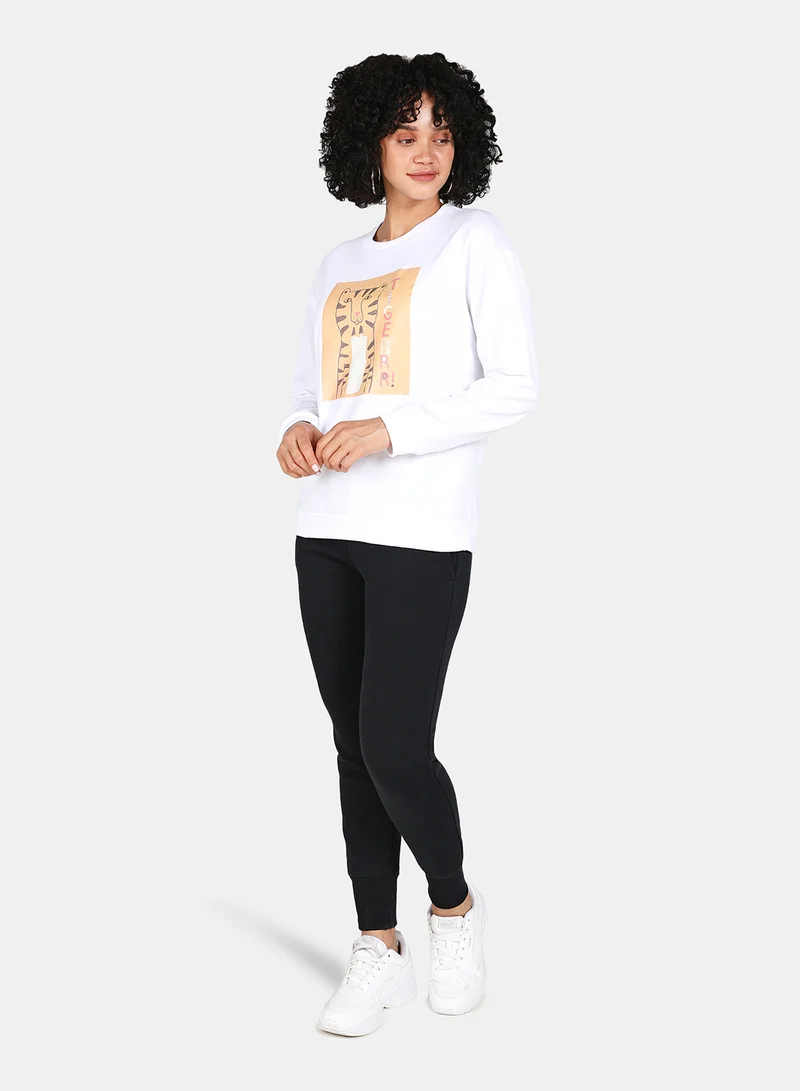 DRIP Tiger Printed Casual Crew Neck Sweatshirt White