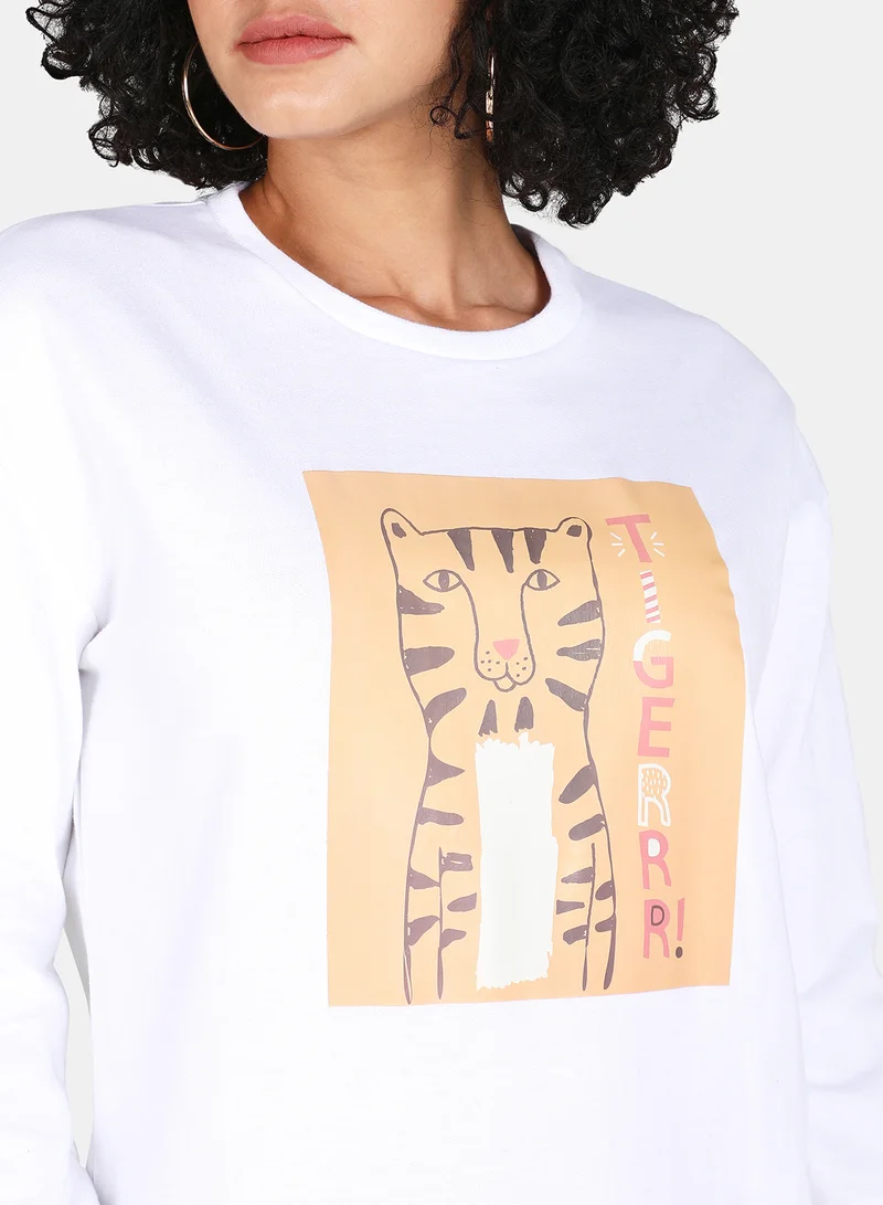 DRIP Tiger Printed Casual Crew Neck Sweatshirt White