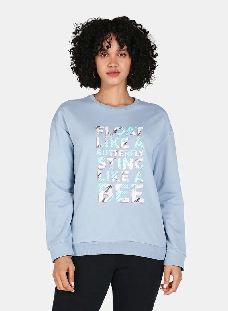 DRIP Float Like A Butterfly Sting Like A Bee Slogan Printed Casual Crew Neck Sweatshirt Blue Fog