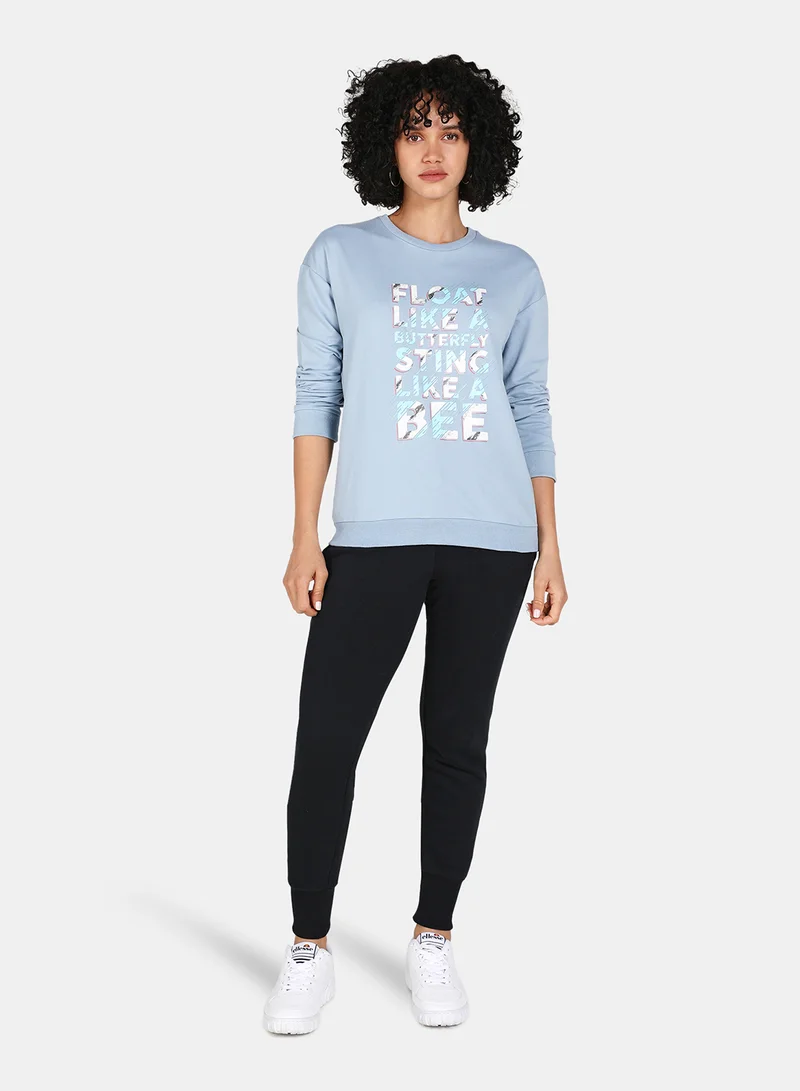 DRIP Float Like A Butterfly Sting Like A Bee Slogan Printed Casual Crew Neck Sweatshirt Blue Fog