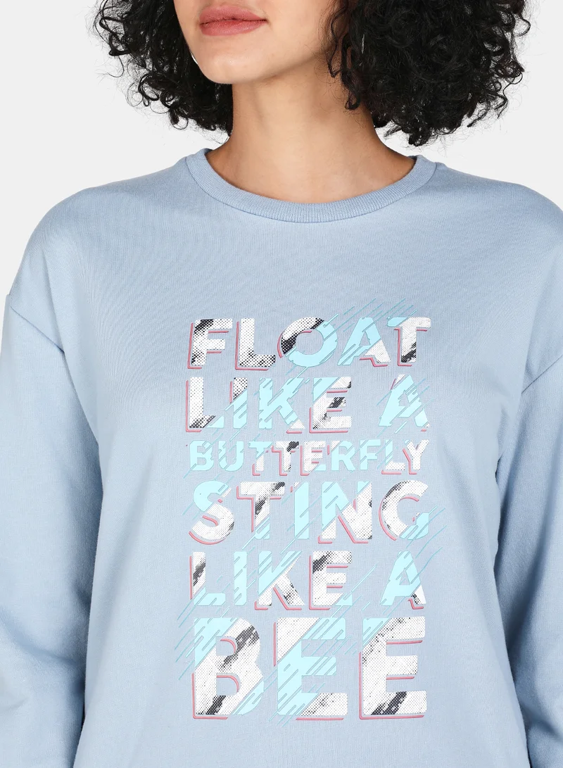 DRIP Float Like A Butterfly Sting Like A Bee Slogan Printed Casual Crew Neck Sweatshirt Blue Fog