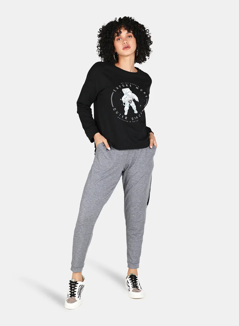 DRIP Casual Graphic Printed Crew Neck Regular Fit Sweatshirt Black