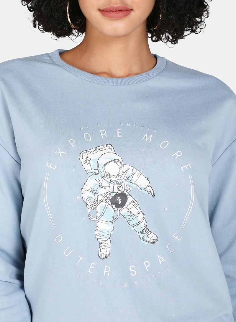 DRIP Casual Graphic Printed Crew Neck Regular Fit Sweatshirt Blue Fog