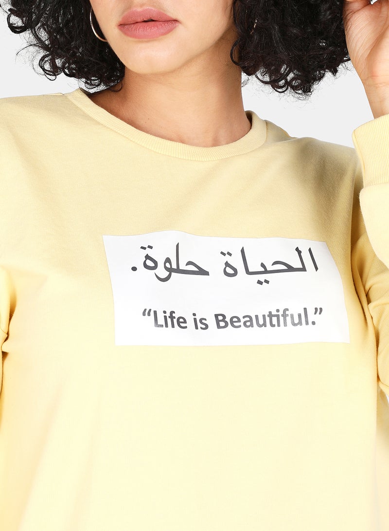 DRIP - Casual Life Is Beautiful Printed Crew Neck Regular Fit Sweatshirt Mellow Yellow - Image 1