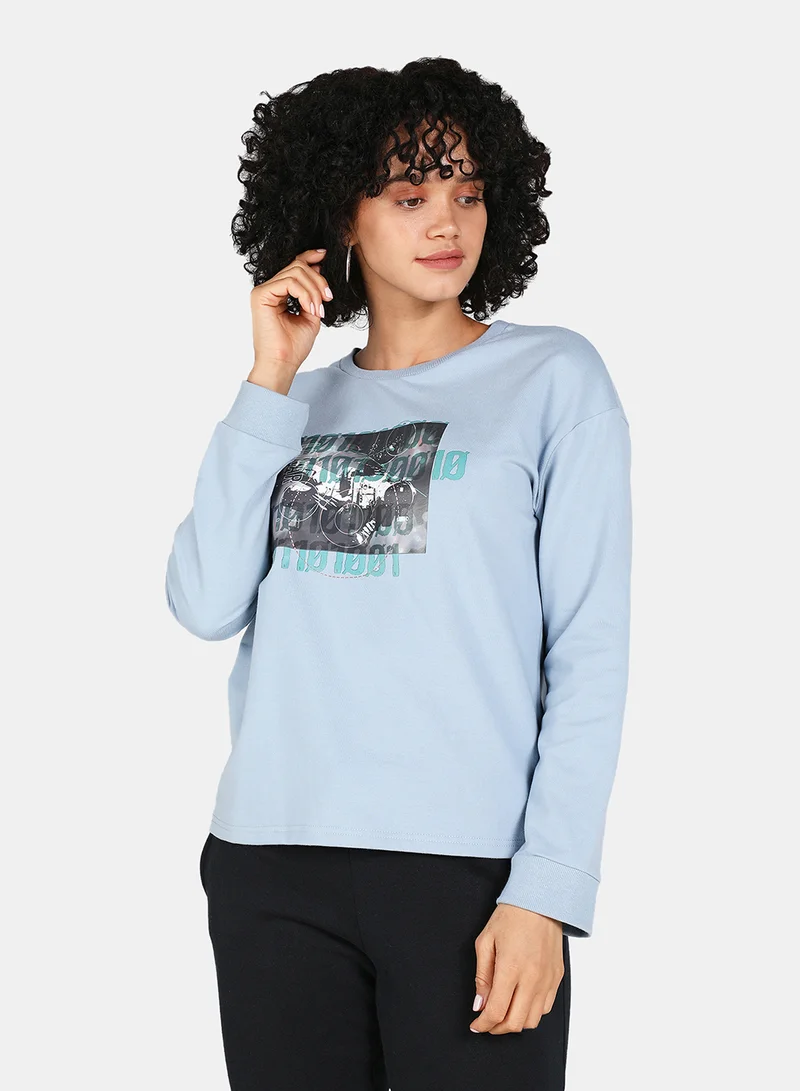 DRIP Casual Graphic Printed Crew Neck Regular Fit Sweatshirt Blue Fog