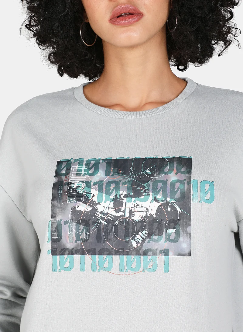 DRIP Casual Graphic Printed Crew Neck Regular Fit Sweatshirt Grey