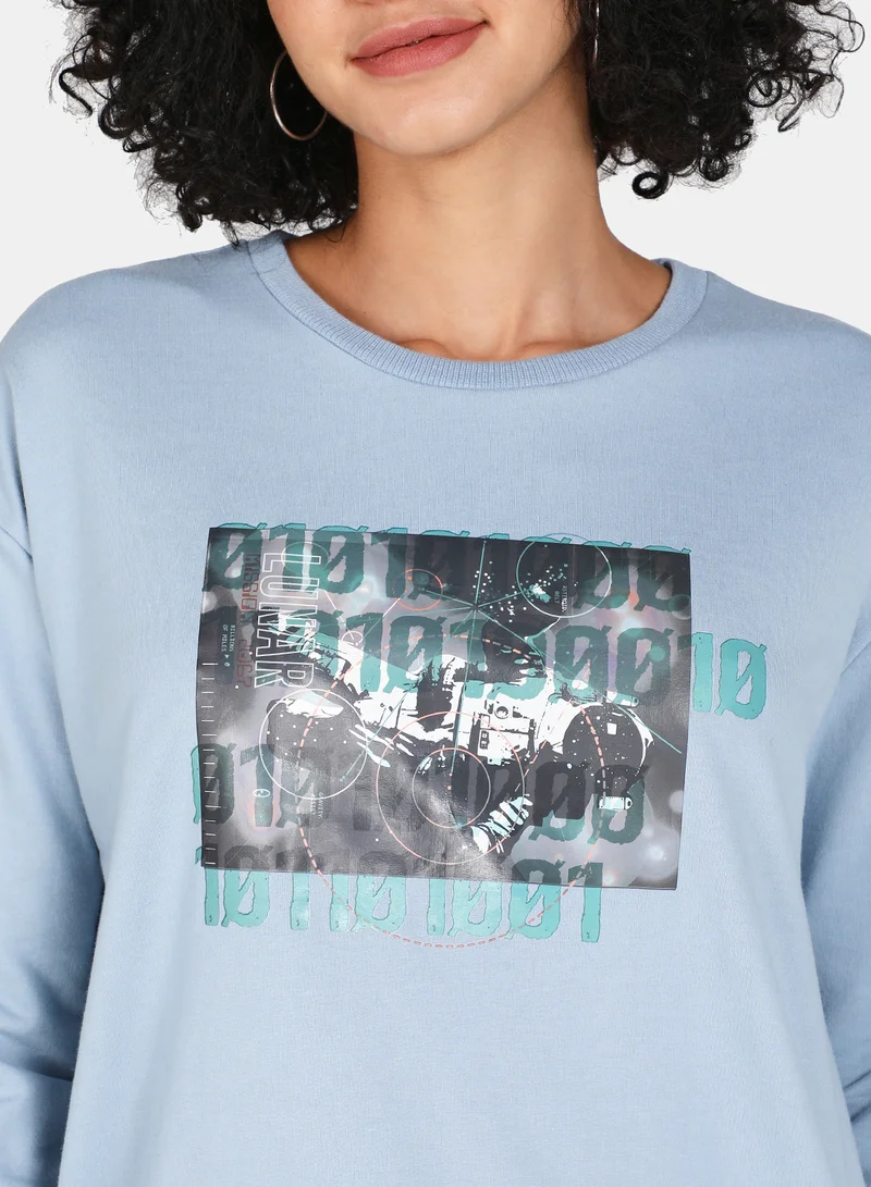 DRIP Casual Graphic Printed Crew Neck Regular Fit Sweatshirt Blue Fog