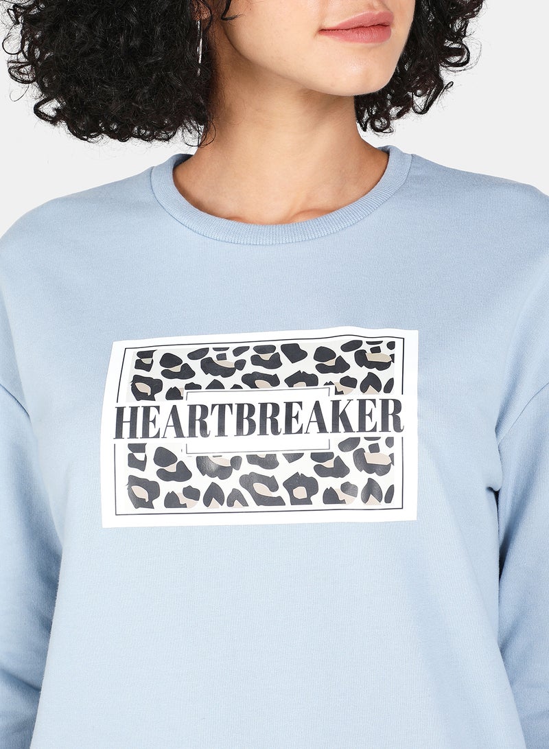 Casual Graphic Printed Crew Neck Regular Fit Sweatshirt Blue Fog