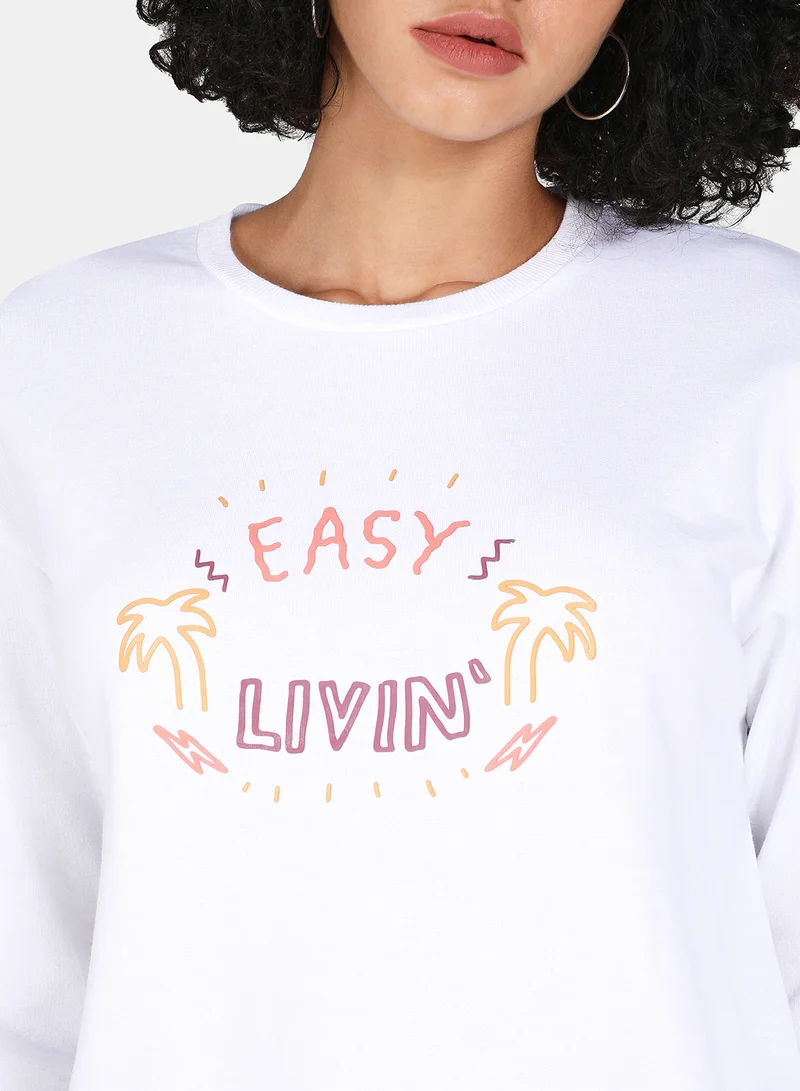 DRIP Casual Easy Livin Printed Crew Neck Regular Fit Sweatshirt White