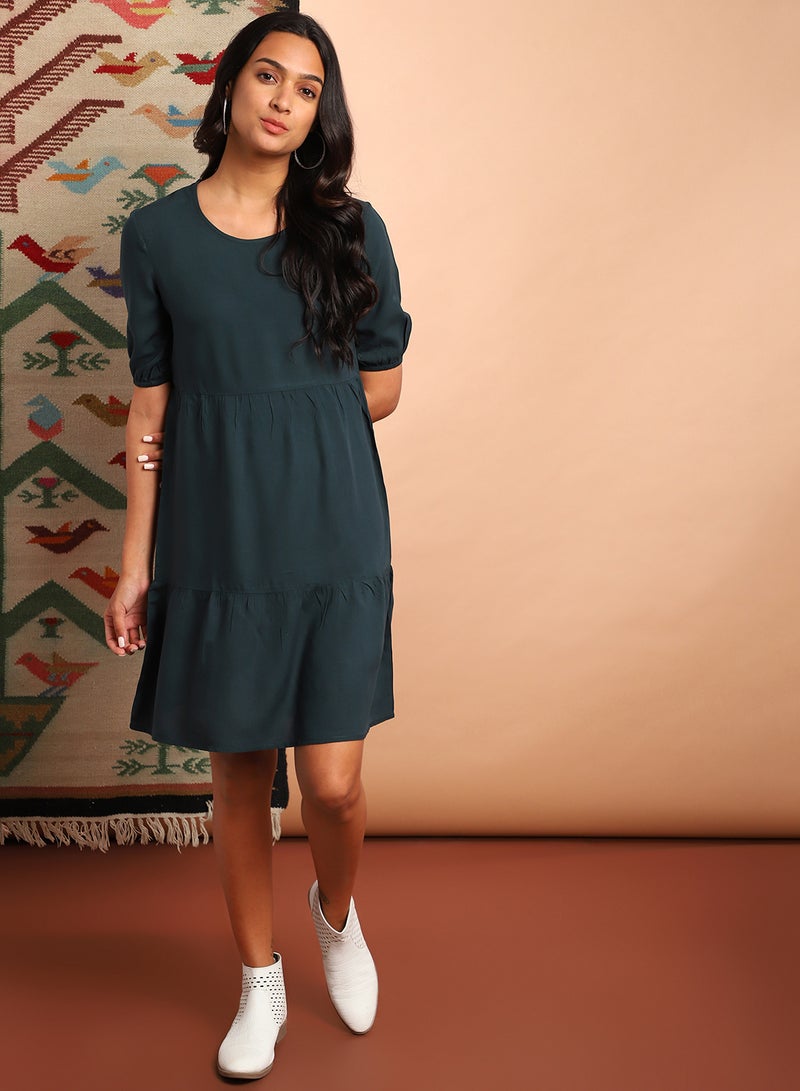 Aila - Casual Solid Pattern Mini Dress Teal Green - Image 1