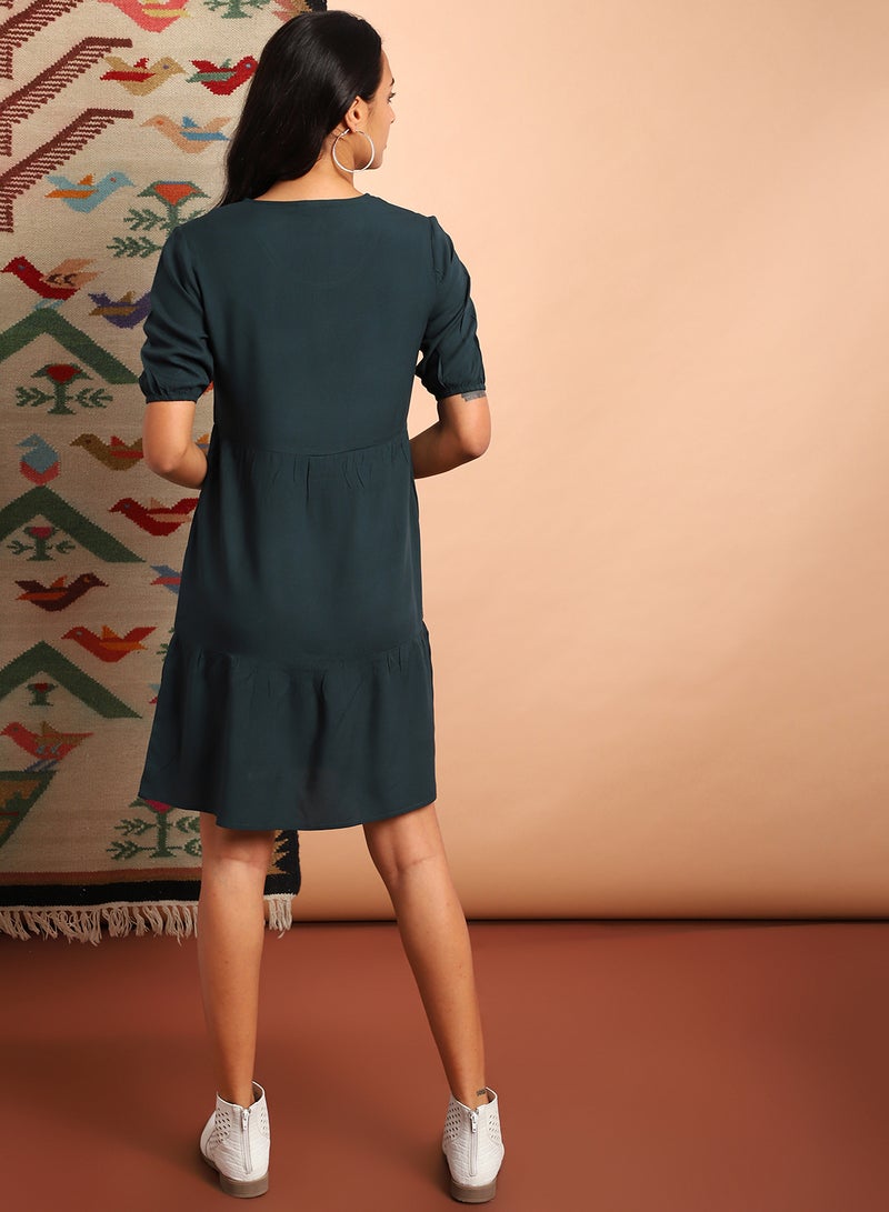 Aila - Casual Solid Pattern Mini Dress Teal Green - Image 1