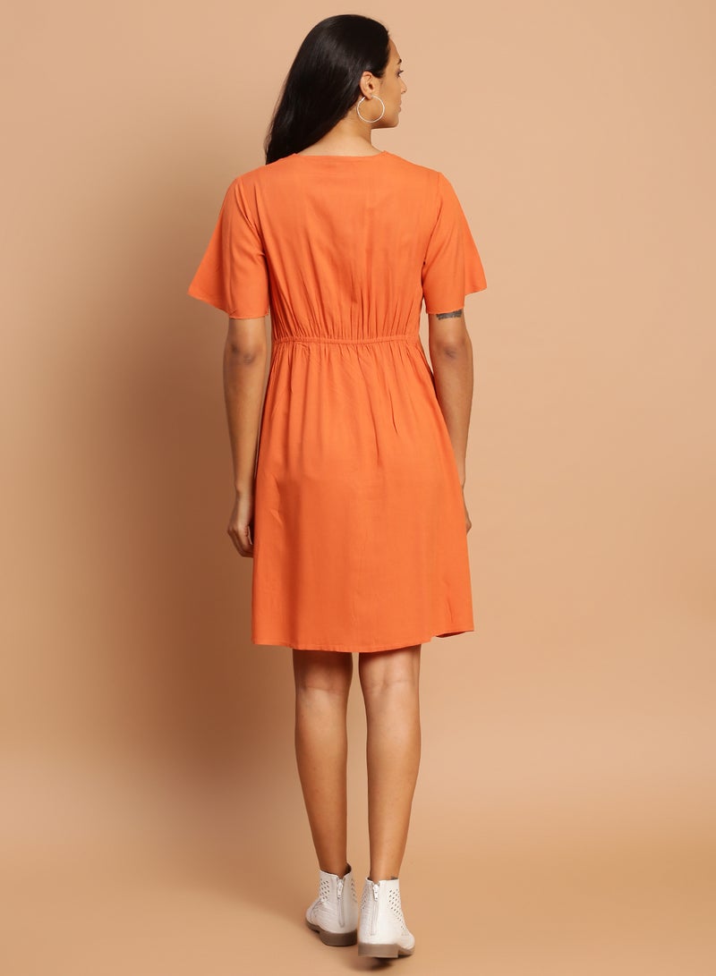 Aila - Casual Solid Pattern Mini Dress Rust - Image 1