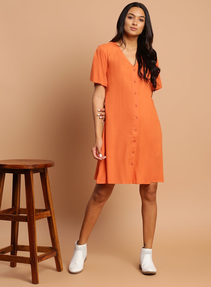 Aila - Casual Solid Pattern Mini Dress Rust - Image 1