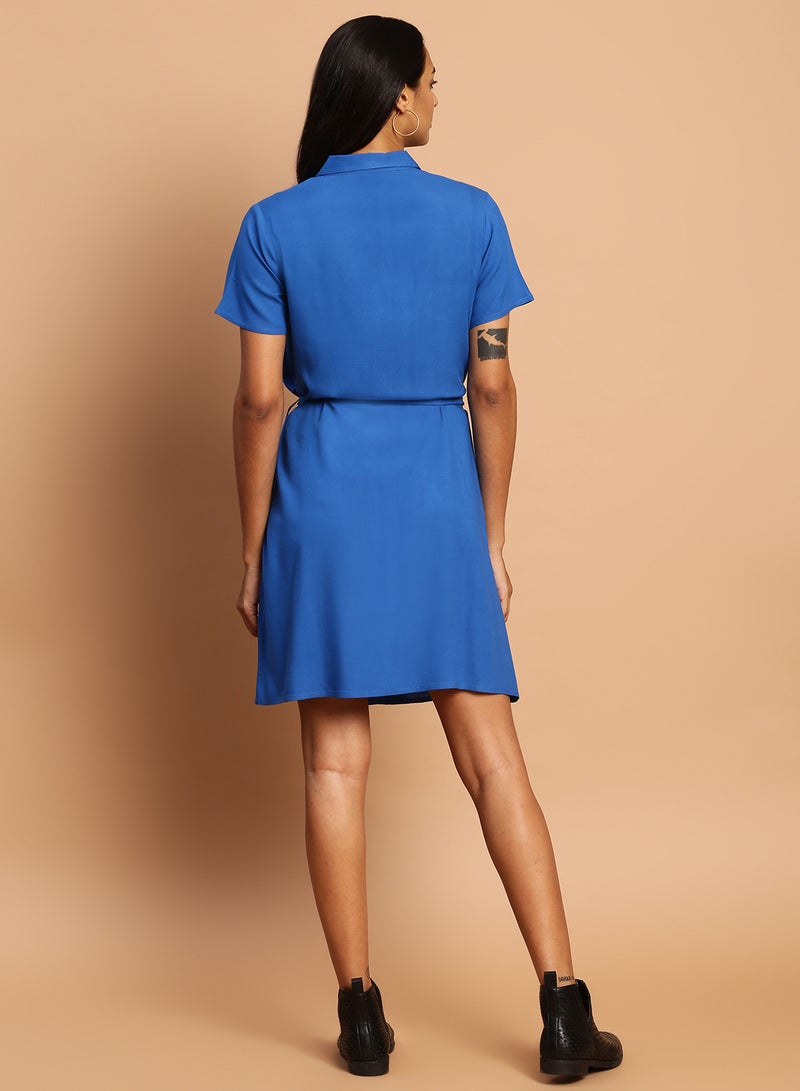 Aila - Casual Solid Pattern Mini Dress Blue - Image 1