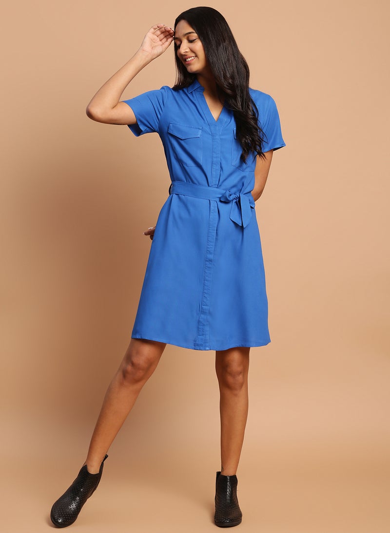 Aila - Casual Solid Pattern Mini Dress Blue - Image 1