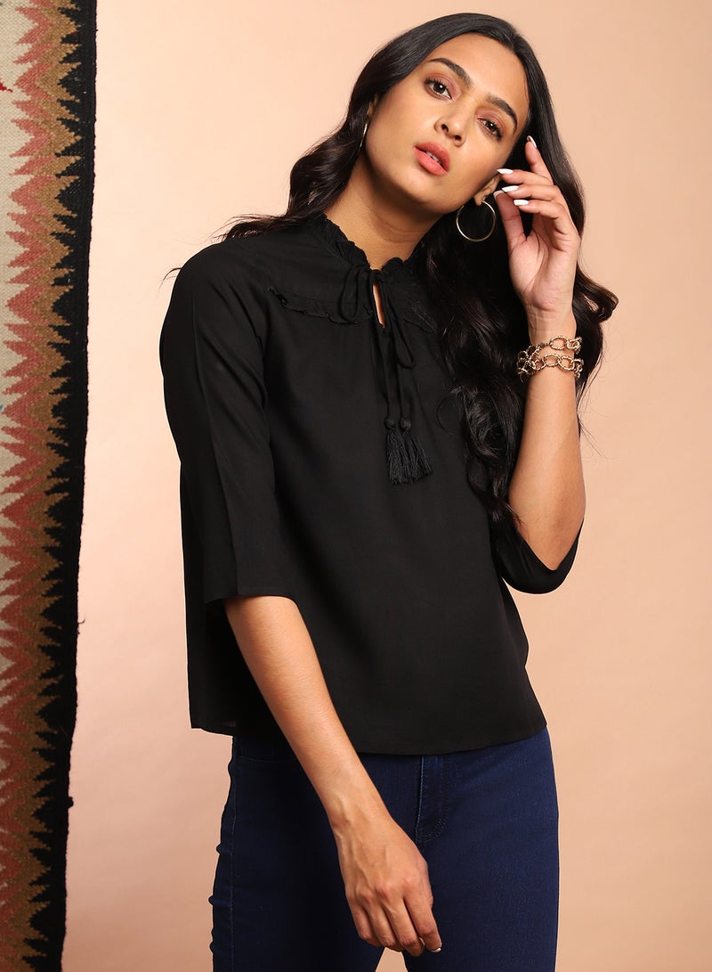 Aila Three-Quarter Sleeve Casual Top Black  - Image 1