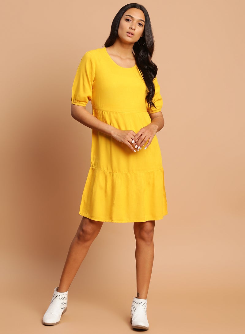 Aila - Casual Solid Pattern Mini Dress Mustard - Image 1