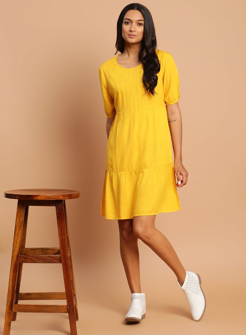 Aila - Casual Solid Pattern Mini Dress Mustard - Image 1