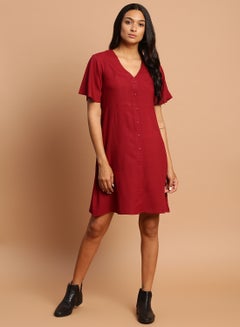 Casual Solid Pattern Mini Dress Burgundy
