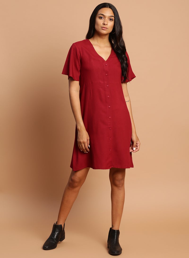 Aila - Casual Solid Pattern Mini Dress Burgundy - Image 1