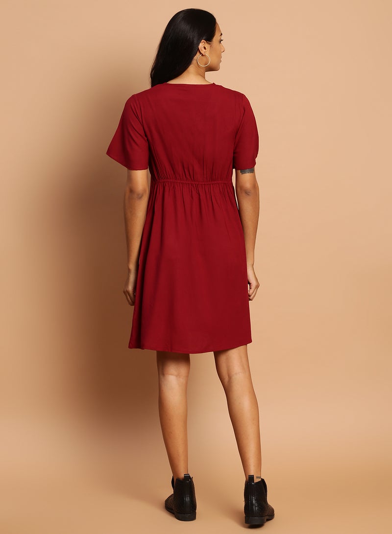 Aila - Casual Solid Pattern Mini Dress Burgundy - Image 1