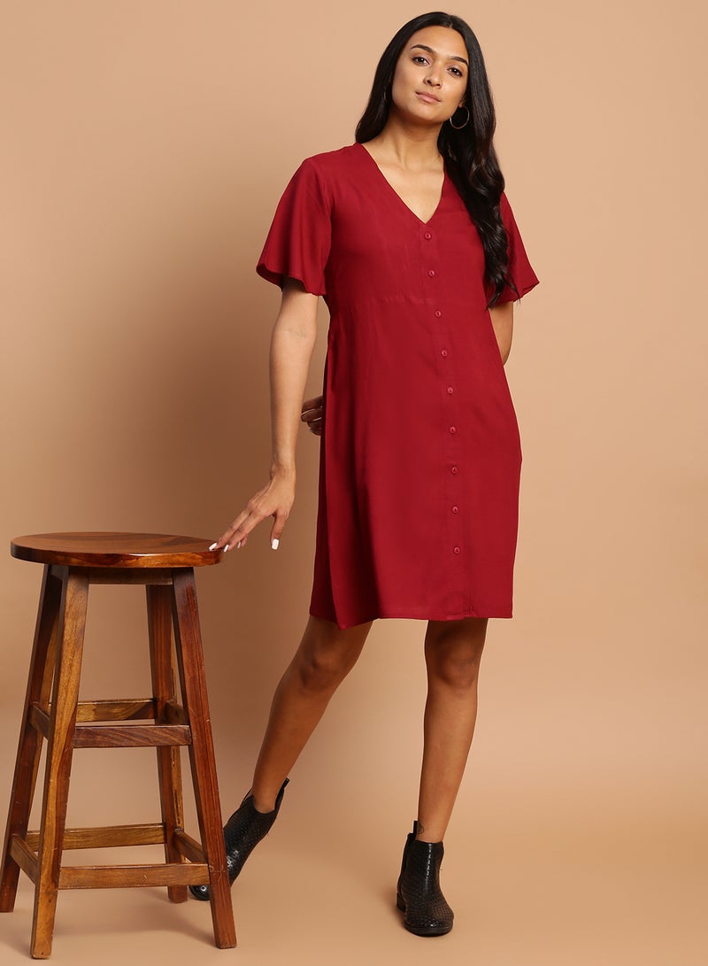 Aila - Casual Solid Pattern Mini Dress Burgundy - Image 1