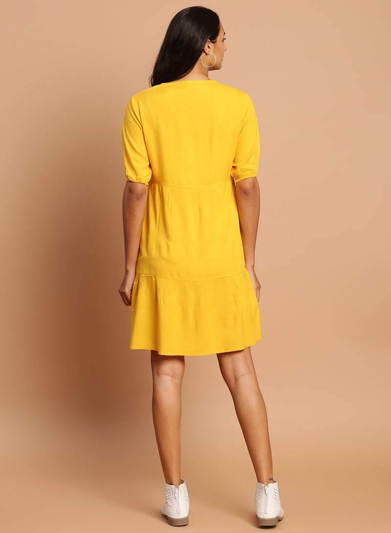 Aila - Casual Solid Pattern Mini Dress Mustard - Image 1