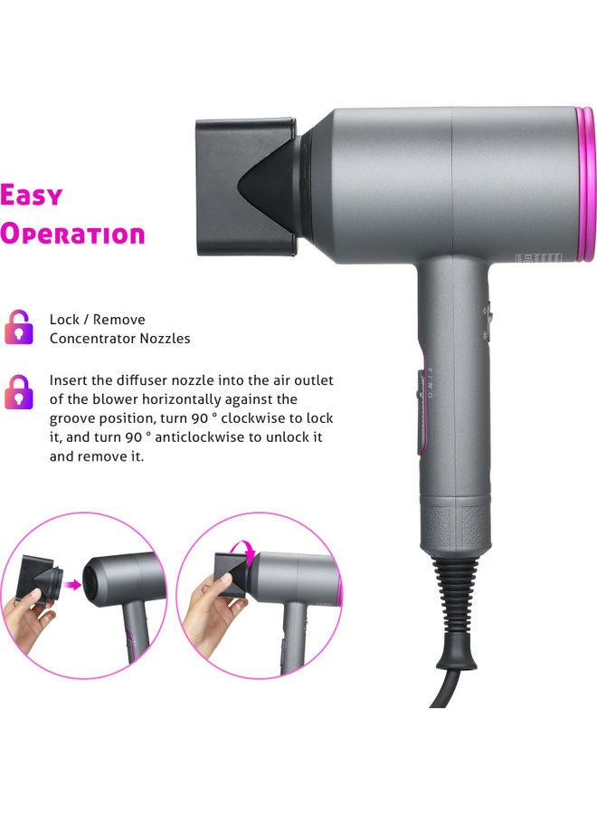2 Speed Ionic Hair Dryer with 3 Nozzles Diffuser Grey