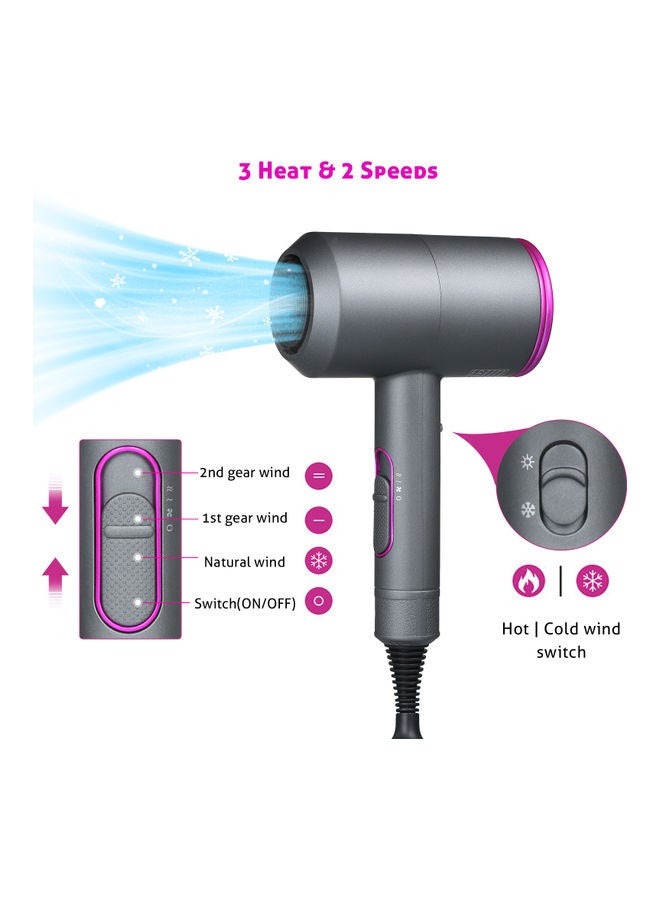 2 Speed Ionic Hair Dryer with 3 Nozzles Diffuser Grey