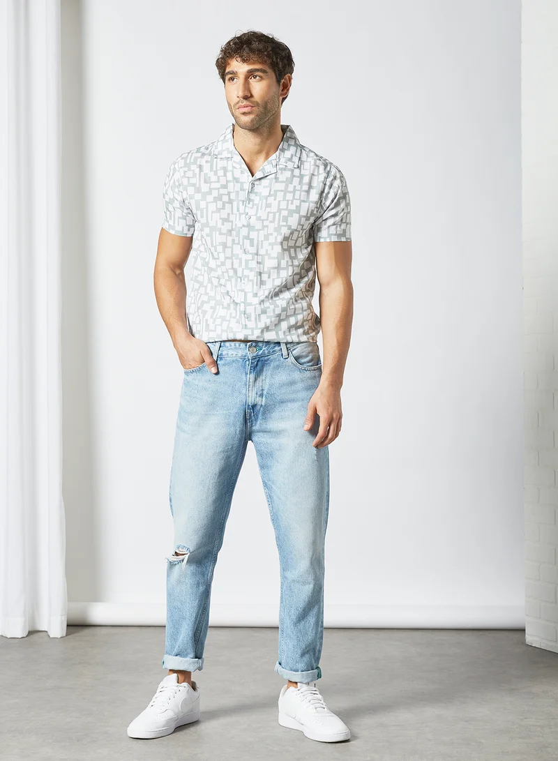 STATE 8 Geometric Print Short Sleeve Shirt Light Grey