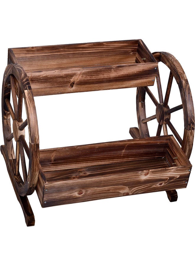 LINGWEI Wooden Double Wheel Flower Stand Carbonized Plant Pot Holder Unique Decorative Flower Ladder Brown - Image 1