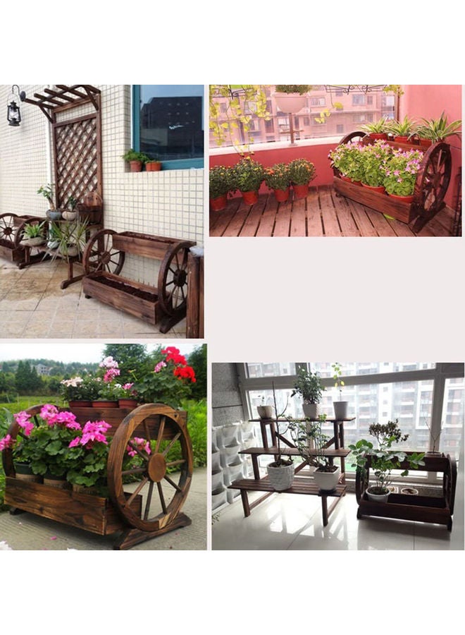 LINGWEI Wooden Double Wheel Flower Stand Carbonized Plant Pot Holder Unique Decorative Flower Ladder Brown - Image 3