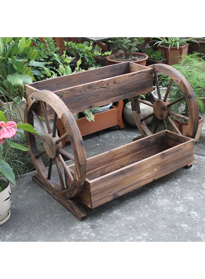 LINGWEI Wooden Double Wheel Flower Stand Carbonized Plant Pot Holder Unique Decorative Flower Ladder Brown - Image 4