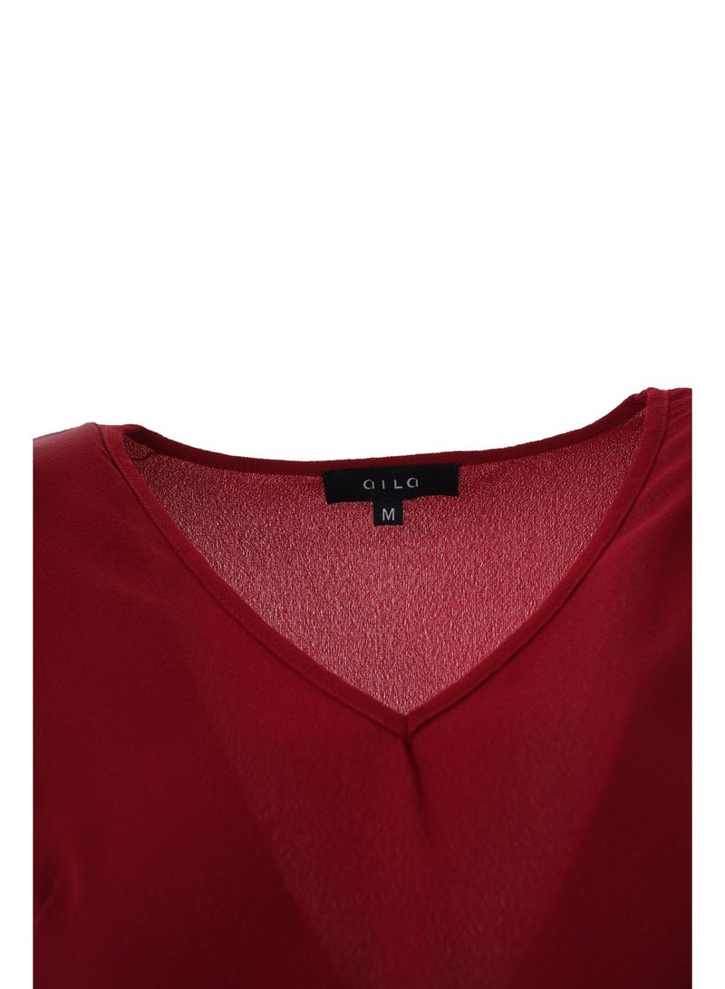 Aila Women's Plain Basic Design Casual V-Neck Top Red - Image 5