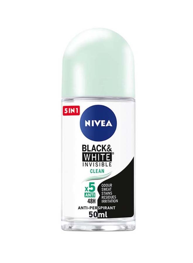 Nivea Black And White Invisible Clean, Antiperspirant For Women, Roll-On 50ml - Image 1