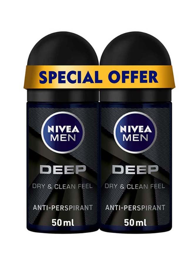 Nivea MEN Deep Dry And Clean Feel, Antibacterial Antiperspirant, Woody Scent, Roll-On 2 x 50ml - Image 1