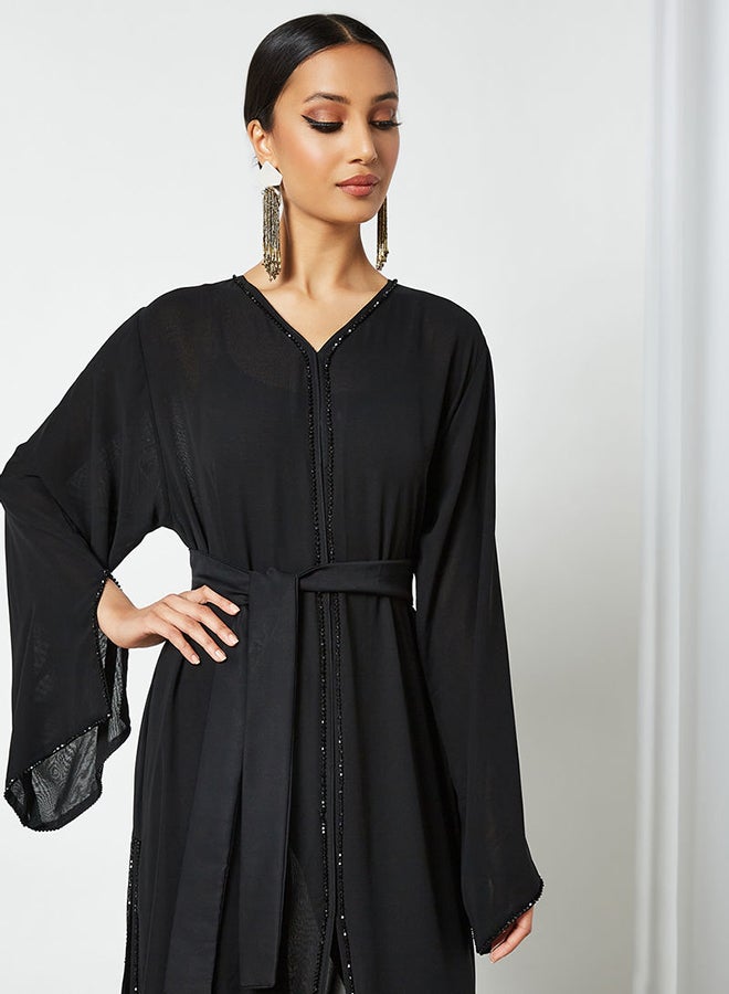 NUKHBAA - Crystal Embellished Long Sleeve Abaya Black - Image 1