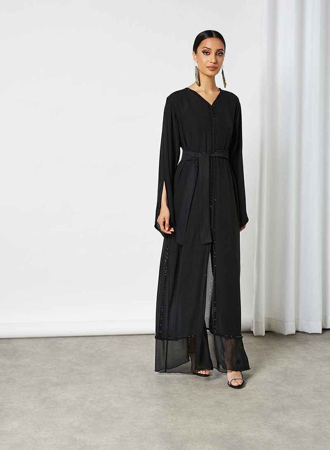 NUKHBAA - Crystal Embellished Long Sleeve Abaya Black - Image 1