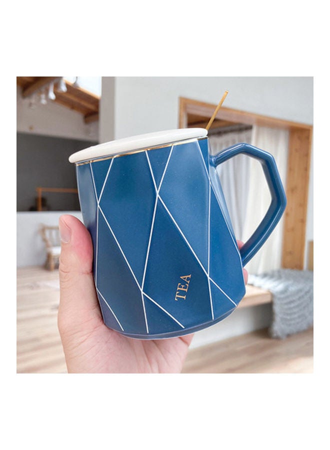 NIBEMINENT Scandinavian Style Diamond-Shaped Lines Coffee Mug With Lid And Spoon Blue/White/Gold 