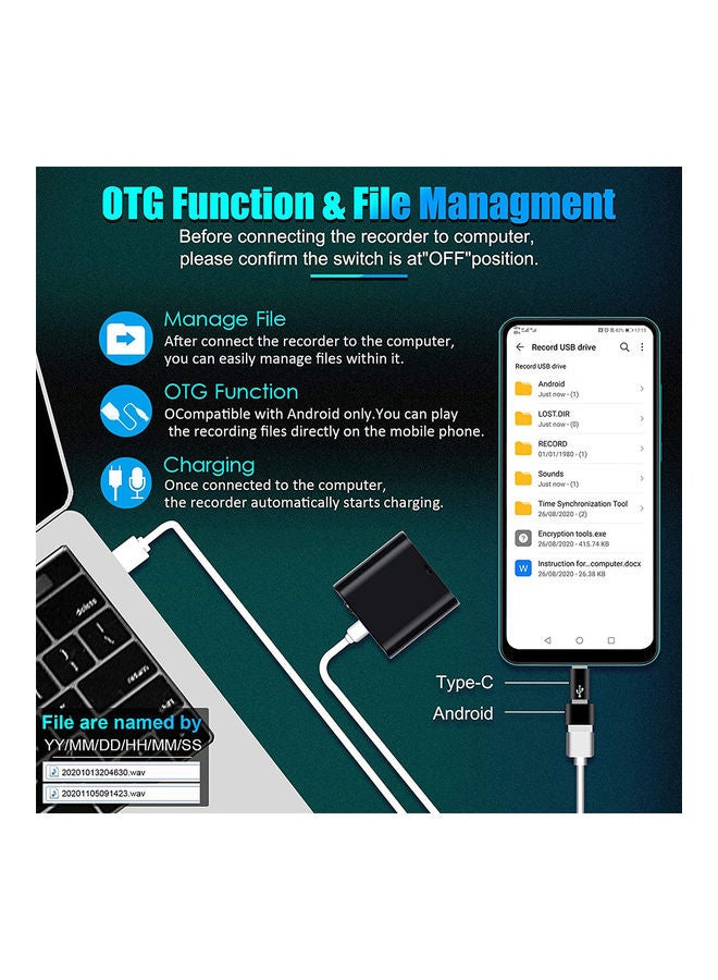 مسجل صوت صغير ومستطيل Q65 بمشغل MP3 ومنفذ شحن USB طراز Q65 V9240-8G_P أسود