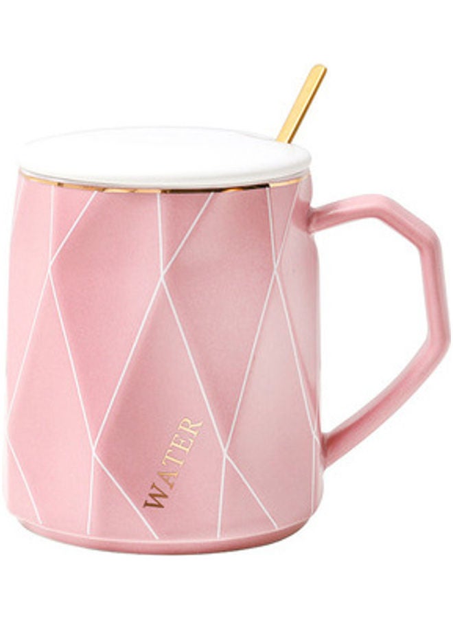 NIBEMINENT Scandinavian Style Diamond-Shaped Lines Coffee Mug With Lid And Spoon Pink/White/Gold