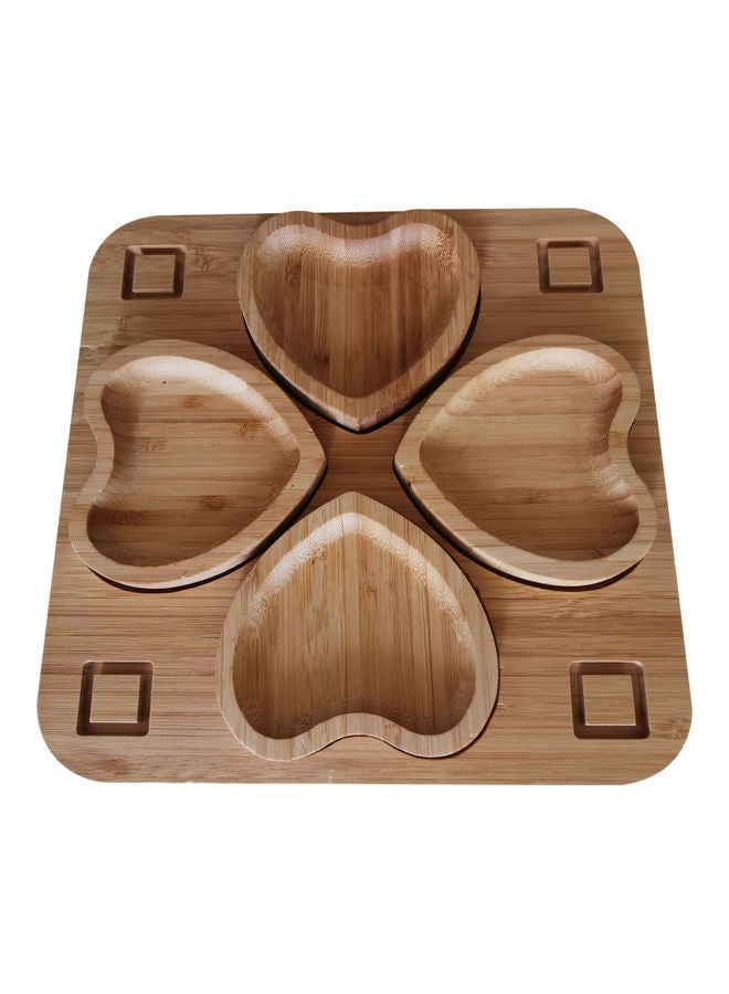 4-Heart Shaped Bamboo Food Serving Platter Brown 24cm - Image 1