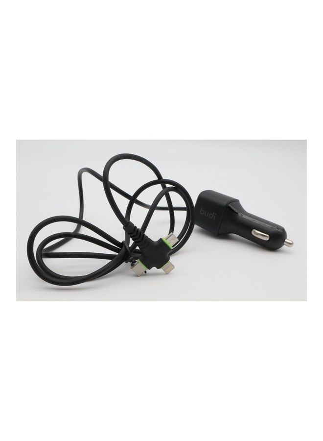 budi 17W Car Charger With 3-In-1 Cable Black  - Image 1