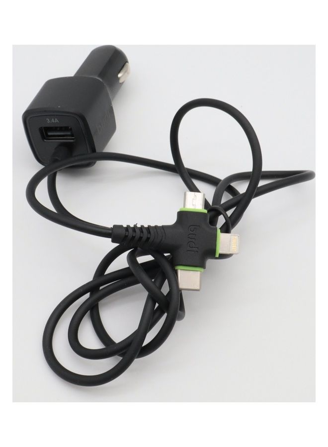 budi 17W Car Charger With 3-In-1 Cable Black  - Image 3